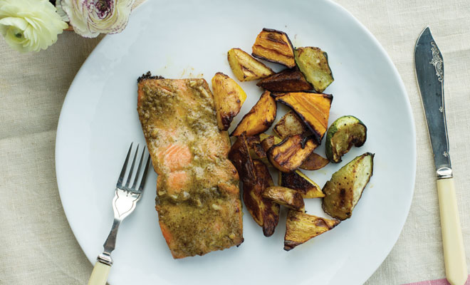 Mustard Maple Salmon with Roasted Vegetables