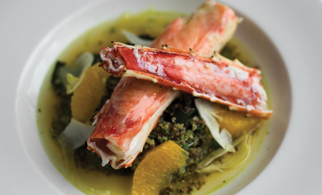 Butter Poached King Crab with Wilted Kale and Quinoa Salad
