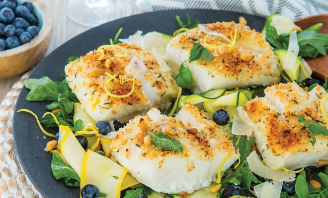 Parmesan-Crusted Alaska Cod with Summertime Arugula Salad