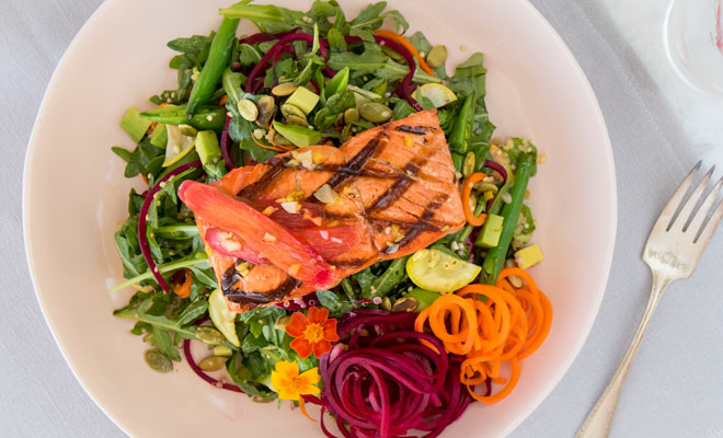 Alaska Salmon with Rhubarb-Ginger Sauce and Spiralized Veggies